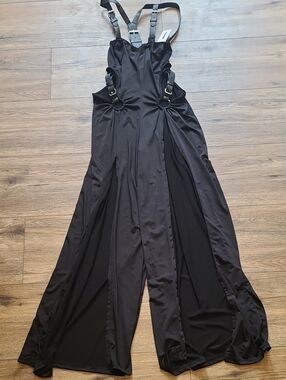 NWT Faux Leather Halter Jumpsuit, Side Cut Out, High Split Legs, Black, Sm